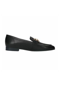 Mocassin plat en cuir noir avec petit talon et détail de boucle circulaire dorée sur la tige.