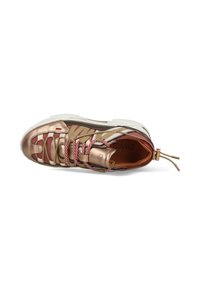 Metallic gold and maroon sneaker with patterned laces, a textured upper, and a chunky white sole. Features a pull tab at the heel.