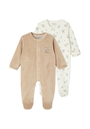 Two baby footed pajamas, one beige with a squirrel patch, the other white with an all-over squirrel and acorn print.