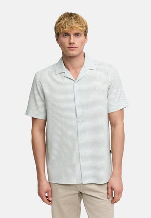 Mann med blondt hår iført en kortermet, lys grønn og hvit stripete skjorte og beige bukser, stående foran en ensfarget bakgrunn.