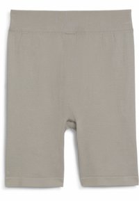 Grå ribbede shorts med en blød tekstur, der har en elastisk talje og opsyede manchetter, designet til komfort og bevægelsesfrihed.