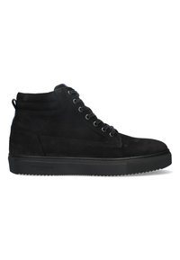 Zwarte hoge sneakers van suède met een gestructureerd oppervlak, voorzien van een rubberen zool en zes oogjes voor veters, plus een achterste lus.
