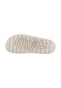 Witte rubberen sneakerzool met gestructureerde groeven. Het merk "Buffalo" is centraal ingegoten. Heeft een ronde teen met een gladde afwerking.