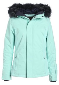 Veste d’hiver bleu clair avec capuche bordée de fausse fourrure noire, fermeture éclair à l’avant et poches latérales zippées, conçue pour temps froid.