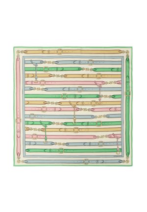 Écharpe en soie avec un motif de ceintures pastel horizontales et de boucles dorées dans des tons rose, vert, beige et bleu clair avec une bordure verte.