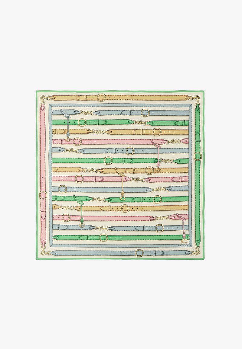 Écharpe en soie avec un motif de ceintures pastel horizontales et de boucles dorées dans des tons rose, vert, beige et bleu clair avec une bordure verte.