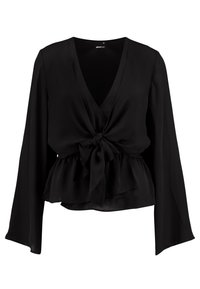 Černá halenka s dlouhými rukávy, hlubokým výstřihem do V, zavazovacím detailem vpředu a peplum lemem; vyrobená z lehkého, hedvábného materiálu.