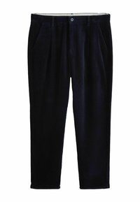 Navy corduroy trousers with a straight leg, featuring side pockets, a single button closure, and subtle vertical ribbing texture.