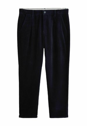 Marinblå kordflamsbyxor med rak benform, som har sidfickor, en enda knappstängning och subtil vertikal ribbstruktur.