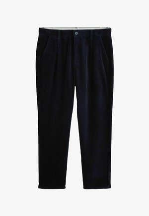 Marinblå kordflamsbyxor med rak benform, som har sidfickor, en enda knappstängning och subtil vertikal ribbstruktur.