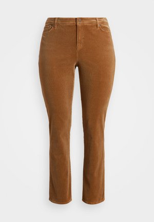 Brune kordfløyelsbukser med rett ben-design, som har en frontlukkning med knapp og glidelås, sidelommer og en myk tekstur.