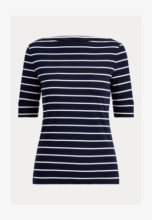 Tumesinine lühikeste varrukatega särk ühtlaselt jaotatud valgete horisontaalsete triipudega ning ümmarguse kaelusega.