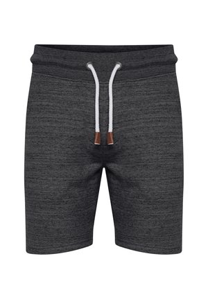 Donkergrijze shorts van textuurstof. Voorzien van een elastische tailleband met witte koordjes en bruine metalen uiteinden.