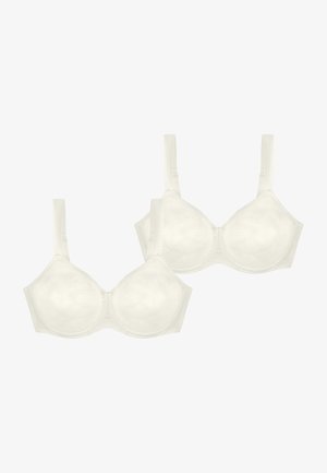 Biały zestaw biustonosza z gładką tkaniną, fiszbinami i regulowanymi ramiączkami. Miseczki mają subtelny, teksturowany wzór.