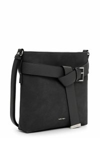 Black leather crossbody handbag with a textured finish, featuring a wrapped strap and metallic buckle detail. Compact rectangular shape.