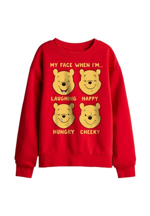 Red sweatshirt with four yellow bear faces showing expressions for laughing, happy, hungry, and cheeky, with matching text above each face.