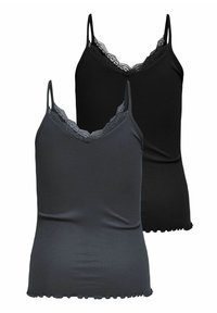 Twee geribbelde camisolletjes met kanten randje en dunne bandjes, één zwart en één donkergrijs, weergegeven op een effen witte achtergrond.