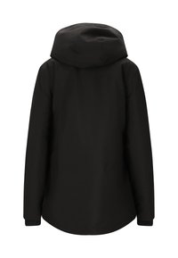 Svart vattentät jacka med huva, med en mjuk yta, långa ärmar och rundad nederkant. Bakvyn visar rena linjer och ingen synlig hårdvara.