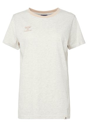 Lichtgrijze T-shirt met korte mouwen en een ronde hals, met een beige kraag en een geborduurd logo op de borst. Zacht, gestructureerd stof.