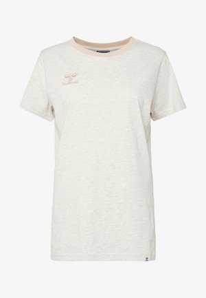 Lichtgrijze T-shirt met korte mouwen en een ronde hals, met een beige kraag en een geborduurd logo op de borst. Zacht, gestructureerd stof.
