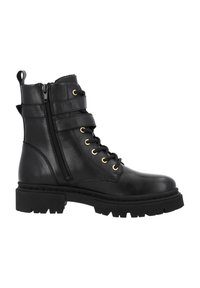 Bottes noires en cuir montantes avec un design à lacets à l'avant, fermeture éclair sur le côté et œillets dorés ; semelle en caoutchouc épaisse avec motif de crampons.