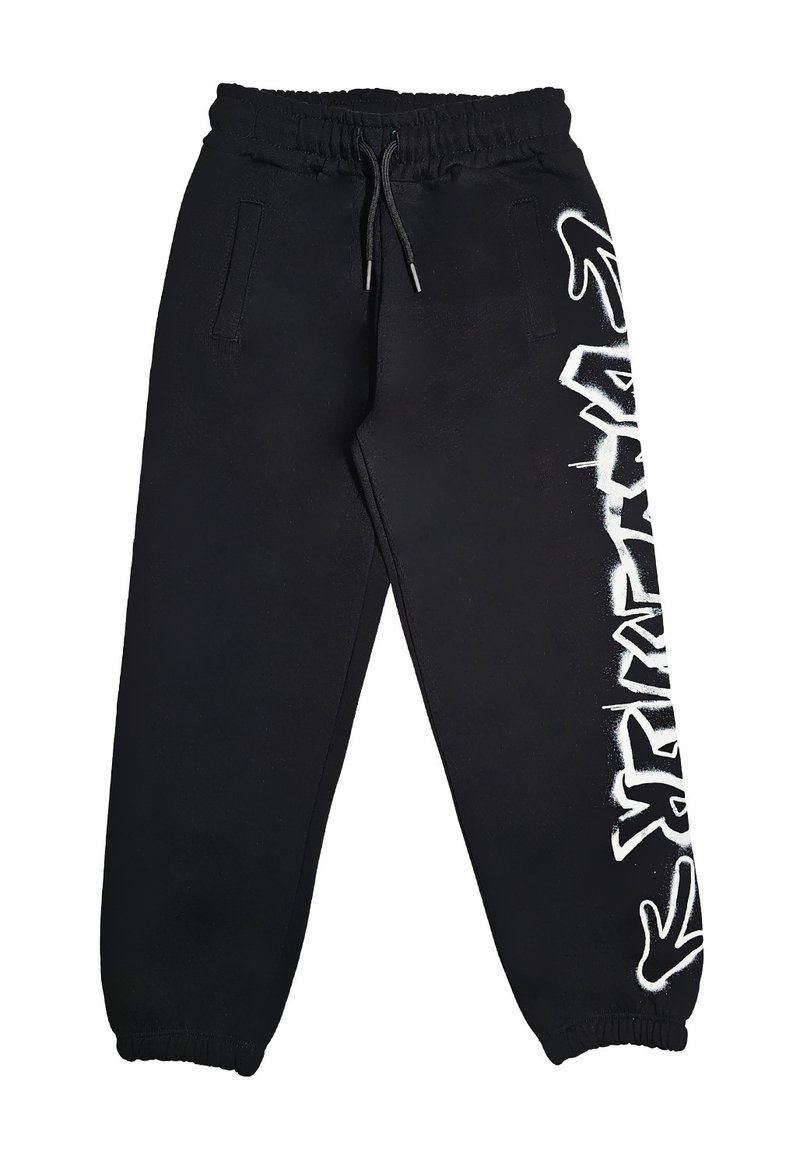 Pantaloni jogger neri con vita ed orli elasticizzati, tasche laterali e design testuale in stile graffiti bianco sulla gamba destra.