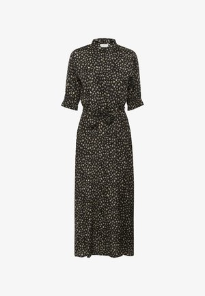 Schwarzes, mittel-lang Kleid mit kurzen Ärmeln, Knopfverschluss vorne und abnehmbarem Gürtel; hat ein leicht beiges abstraktes Muster ganzflächig.