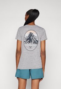 Γκρι κοντομάνικο μπλουζάκι με γραφικό βουνού στην πλάτη, και το κείμενο "CHOUINARD" και "BUILT TO ENDURE" υπό μια κυκλική σχεδίαση.