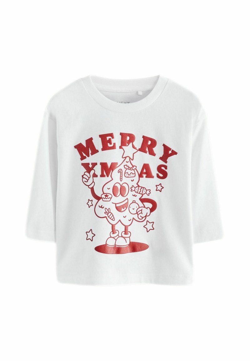 Weißes T-Shirt mit kurzen Ärmeln, das mit einem roten Grafikdesign und dem Text "MERRY XMAS" sowie einer Cartoonfigur, die Süßigkeiten und Sterne hält, verziert ist. Hergestellt aus weichem Baumwollmaterial.