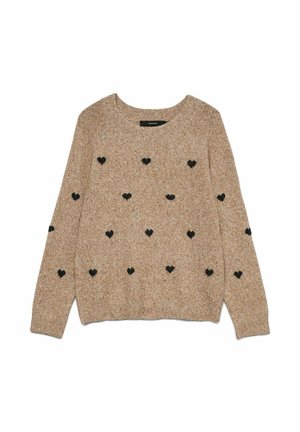Smėlinis megztinis su minkšta tekstūra, puošto juodomis širdelėmis tolygiai išdėstytomis visame megztinio ruože ir plačiu apykaklės iškirpimu.