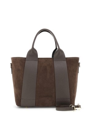 Bruine suède en leren handtas met dubbele handvatten en een afneembare schouderband. Heeft een minimalistisch ontwerp en subtiele branding aan de voorkant.