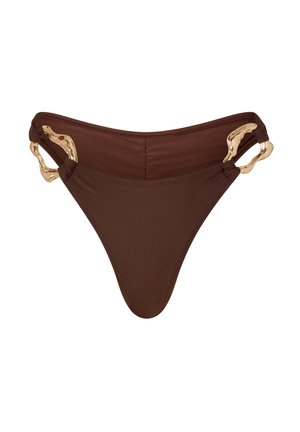 Brown bikini bottom with a smooth texture, featuring gold-toned accents at the sides and a classic thong cut design.