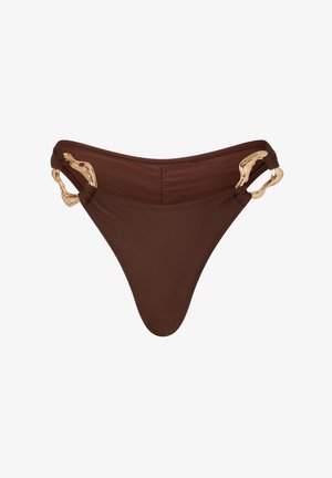 Brown bikini bottom with a smooth texture, featuring gold-toned accents at the sides and a classic thong cut design.