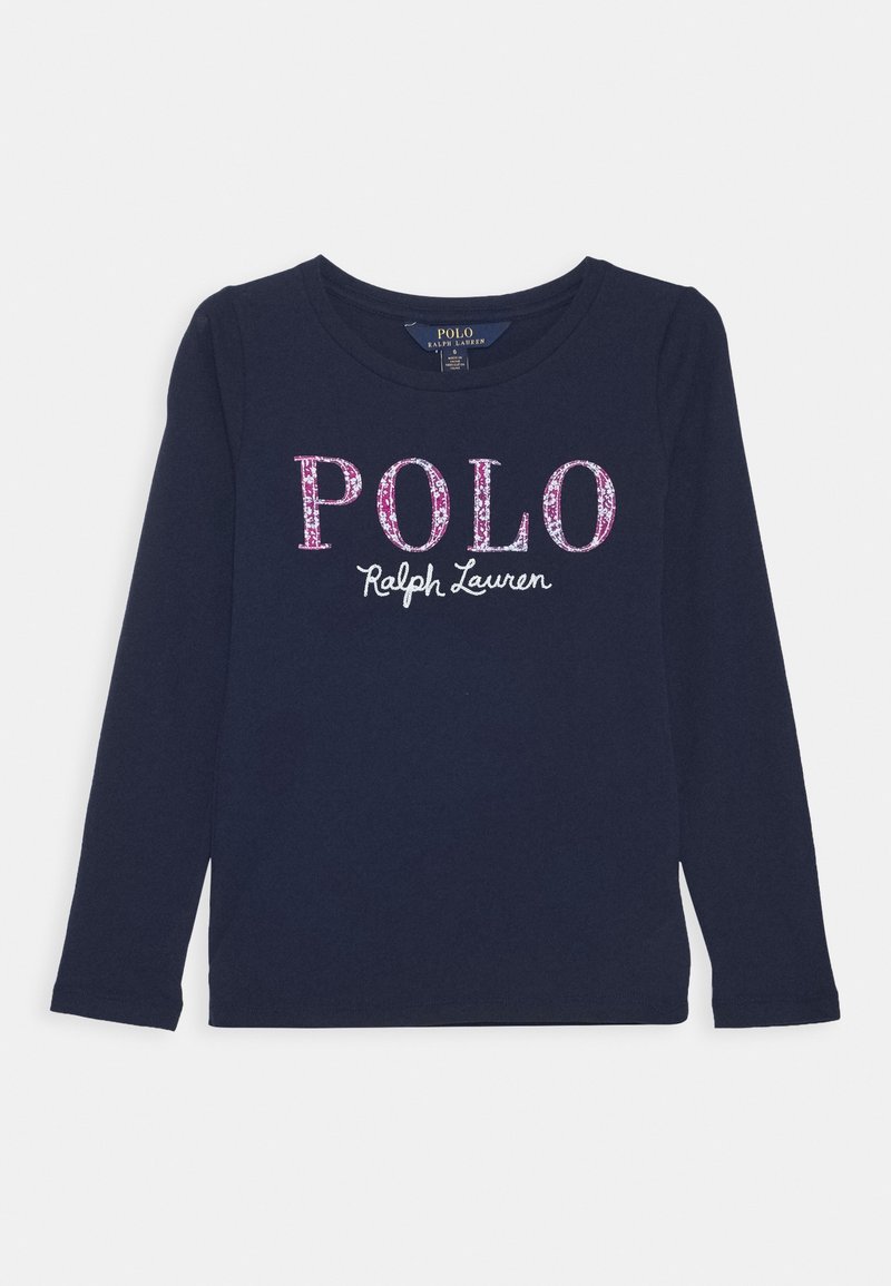 Koszula z długim rękawem w kolorze granatowym z napisem "POLO" w różowym brokatowym foncie oraz "Ralph Lauren" w białym cursive. Wykonana z miękkiego materiału bawełnianego.