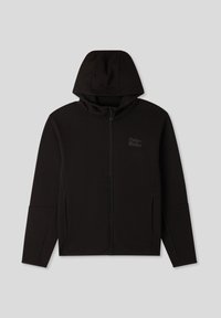 Felpa nera con zip, realizzata in tessuto morbido, presenta un alto collo e un logo frontale. Include tasche laterali e un cappuccio per una maggiore protezione.