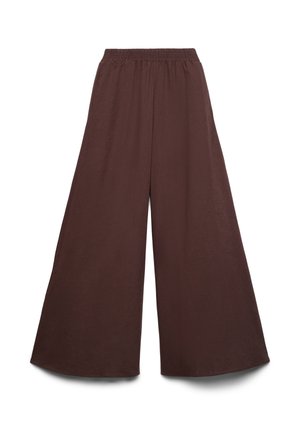 Brown wide-leg pants with elastic waistband, made of lightweight fabric, displayed flat on a white background.