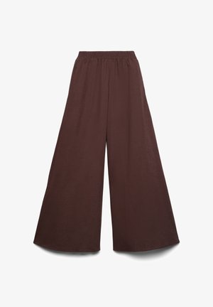 Brown wide-leg pants with elastic waistband, made of lightweight fabric, displayed flat on a white background.
