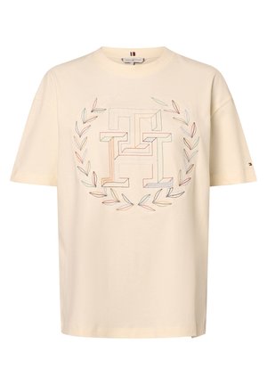 Beżowy T-shirt z krótkim rękawem z wielokolorowym, przeszywanym, przeplatającym się logo "TH" i wzorem wieńca liści na piersi.