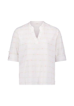 Blouse blanche à manches courtes avec un col fendu, des rayures horizontales subtiles et de petites petites notes colorées brodées.