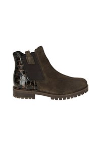 Brown suède enkellaars met zwarte krokodil-embossed accenten, elastische zijpanelen en een gestructureerde rubberen zool.