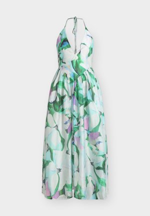 Halter neck maxi dress with deep V neckline, gathered waist, and large abstract floral print in green, white, blue, and purple tones.