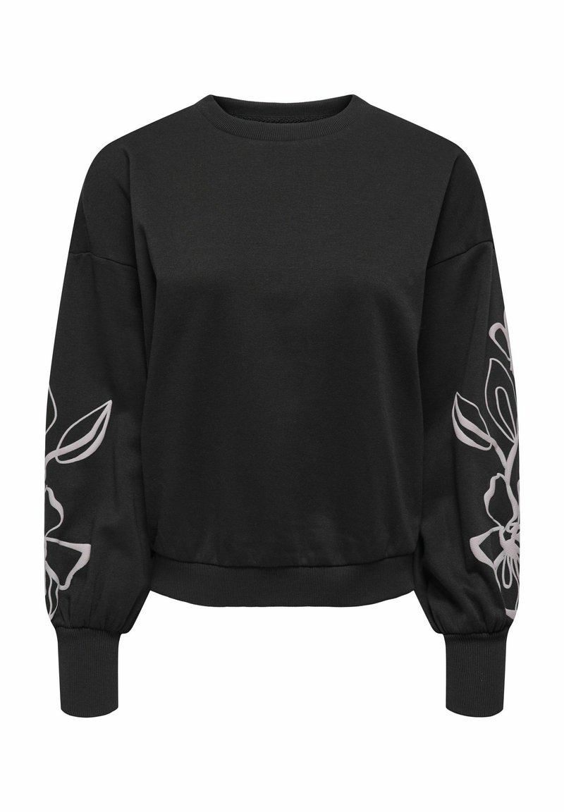 Melna īsā svītra ar garām, bumbu formas piedurknēm, kurām abām ir balti ziedu raksti. Izgatavota no mīkstas auduma ar apaļu kakla izgriezumu.