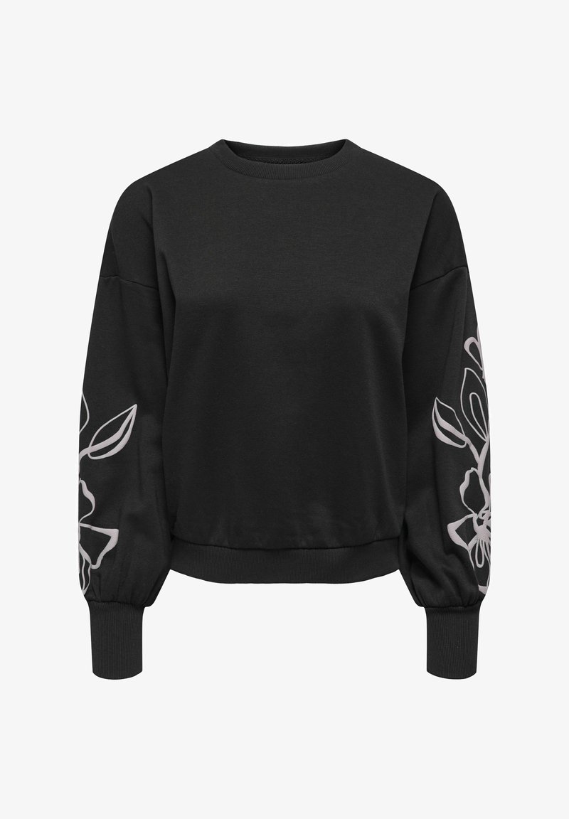 Melna īsā svītra ar garām, bumbu formas piedurknēm, kurām abām ir balti ziedu raksti. Izgatavota no mīkstas auduma ar apaļu kakla izgriezumu.