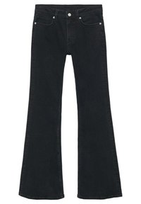 Jean denim noir taille haute avec jambes évasées, bouton devant, fermeture éclair et design à cinq poches.