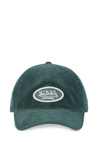Casquette de baseball en velours côtelé vert avec un patch ovale blanc affichant le logo "Von Dutch California" sur le devant.