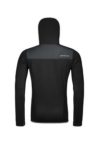 Black hooded jacket with a fitted design, made from stretchable fabric. Features a gray panel across the upper back and logo on the shoulder.