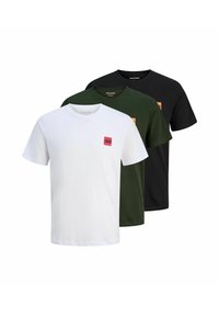 Drei schlichte T-Shirts mit kurzen Ärmeln in Weiß, Dunkelgrün und Schwarz, jeweils mit einem kleinen quadratischen Logo auf der linken Brust.