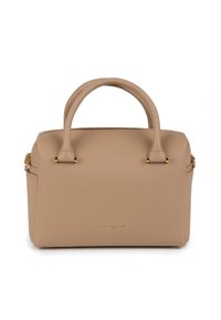 Bézs bőr női kézitáska két lekerekített fogantyúval, aranyszínű fémszerelvényekkel, cipzáras záródással, és "VIVISENCE" logóval az elején középen.