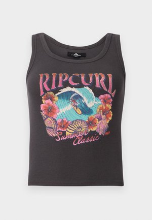Dark gray ribbed tank top with colorful surf and floral graphic, text "Rip Curl Summer Classic 1969" on front.
