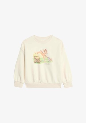 Krämfärgad sweatshirt med en Bambi-illustration, ribbade ärmslut och nederkant samt en mjuk textur. Avslappnad, lös passform.